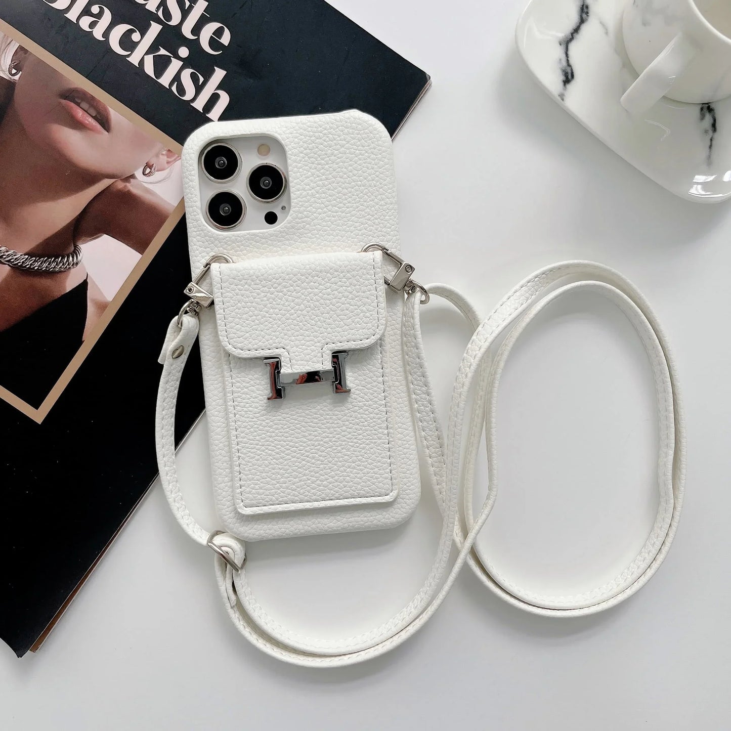 Lychee Leather Crossbody Wallet Phone Case with Card Holder for iPhone