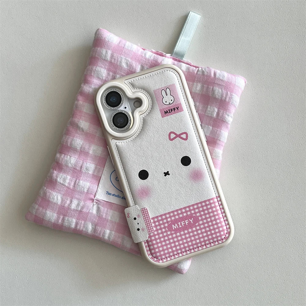 Fashion Leather Plaid Pattern Cute Rabbit phone case For iPhone 16 Pro Max 15 14 13 17 Pro With Lanyard Cartoon Protective Cover