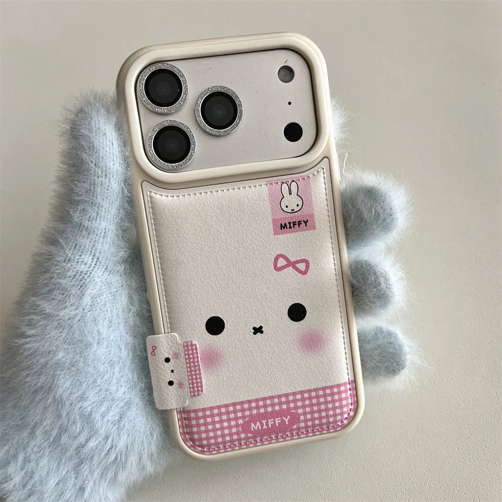 Fashion Leather Plaid Pattern Cute Rabbit phone case For iPhone 16 Pro Max 15 14 13 17 Pro With Lanyard Cartoon Protective Cover