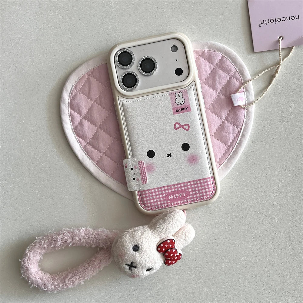 Fashion Leather Plaid Pattern Cute Rabbit phone case For iPhone 16 Pro Max 15 14 13 17 Pro With Lanyard Cartoon Protective Cover