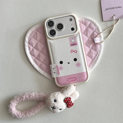 Fashion Leather Plaid Pattern Cute Rabbit phone case For iPhone 16 Pro Max 15 14 13 17 Pro With Lanyard Cartoon Protective Cover