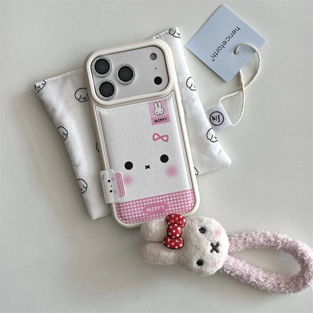 Fashion Leather Plaid Pattern Cute Rabbit phone case For iPhone 16 Pro Max 15 14 13 17 Pro With Lanyard Cartoon Protective Cover